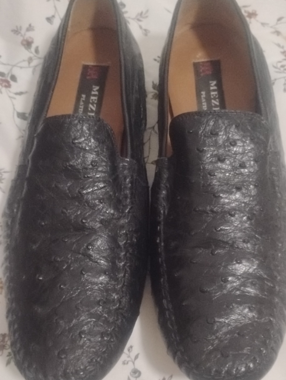 Mezlan Platinum Black Textured Ostrich Leather Slip-On Loafers Sz 8 M